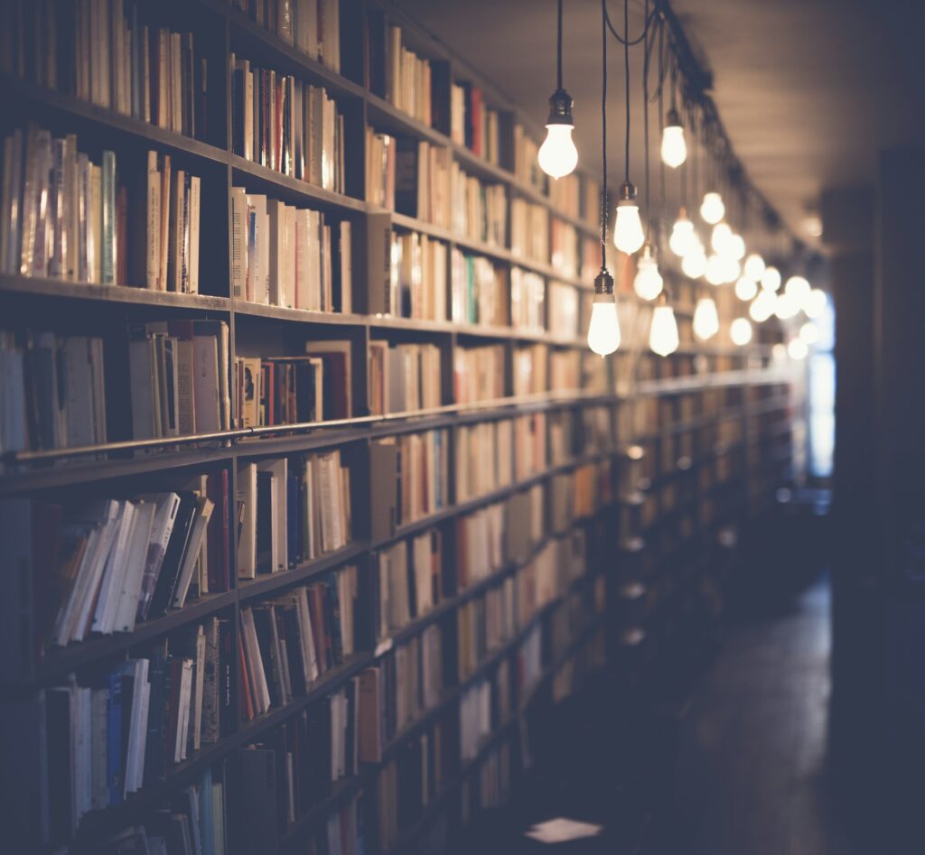 Classic library interior with tall bookshelves