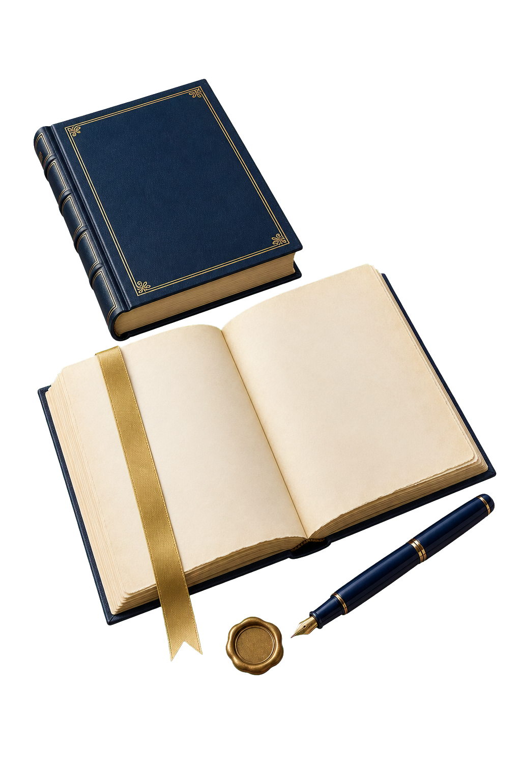 Open book, fountain pen, bookmark, and blank bronze seal for author guidance